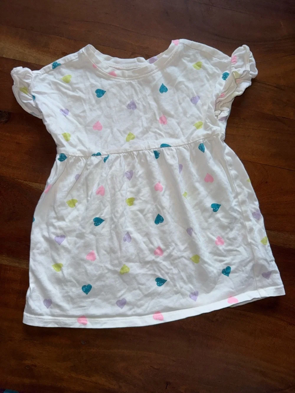 Old Navy White Cotton Ruffle Sleeve Heart Print Dress Kids 18-24 Months